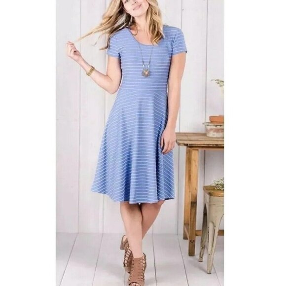 Women's MATILDA JANE Dress Exploration Blue Tan Stripes Small Knit - Picture 1 of 9